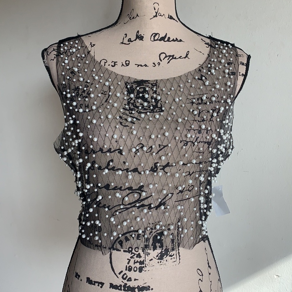 SAN JOY Black Mesh Pearl Crop Top